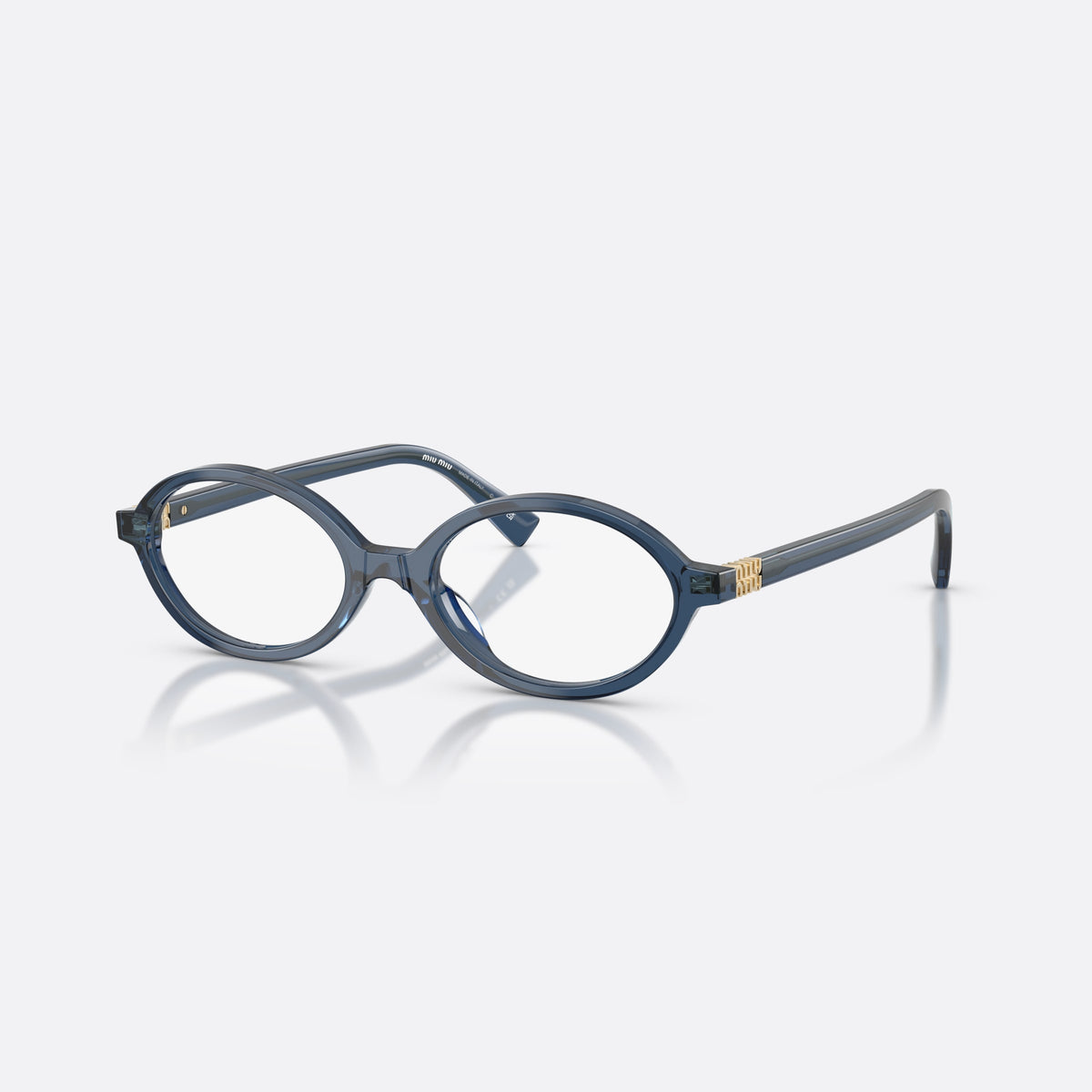 Miu Miu MU 01XV 08Q1O1 eyeglasses, blue oval frame for women, integrated bridge with thick acetate, slim tapered temples