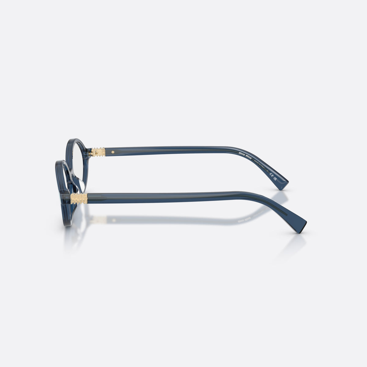 Miu Miu MU 01XV 08Q1O1 eyeglasses, blue oval frame for women, integrated bridge with thick acetate, slim tapered temples, side view