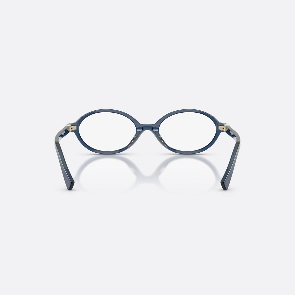 Miu Miu MU 01XV 08Q1O1 eyeglasses, blue oval frame for women, integrated bridge with thick acetate, slim tapered temples, back view