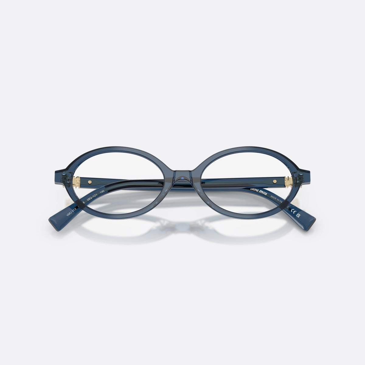 Miu Miu MU 01XV 08Q1O1 eyeglasses, blue oval frame for women, integrated bridge with thick acetate, slim tapered temples, folded