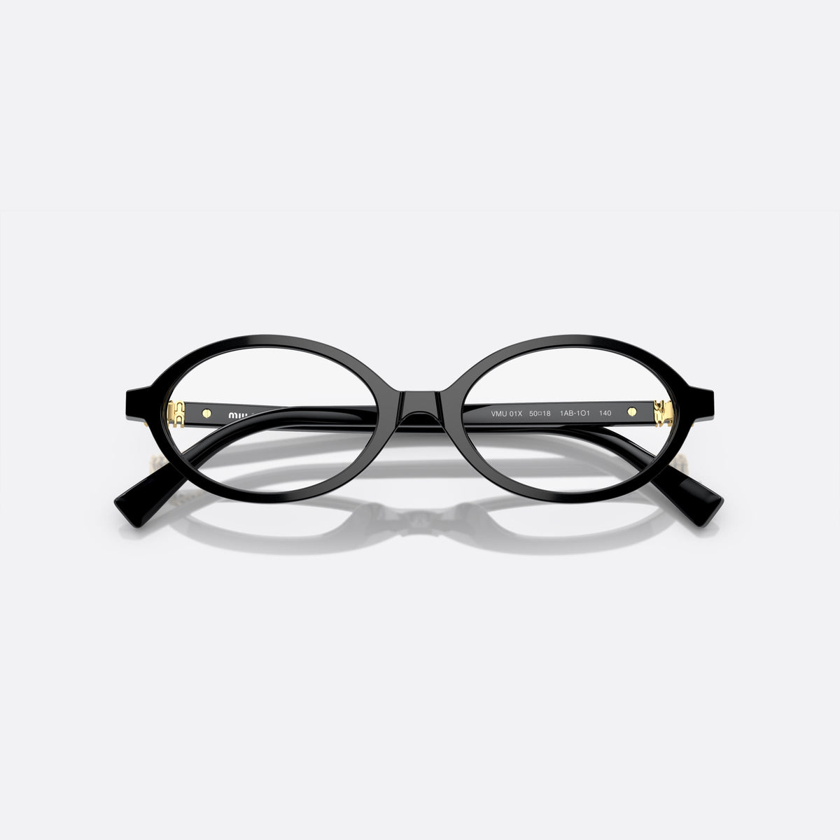Miu Miu MU 01XV 1AB-1O1 E eyeglasses, black oval frame for women, plain integrated bridge, brand lettering on temples