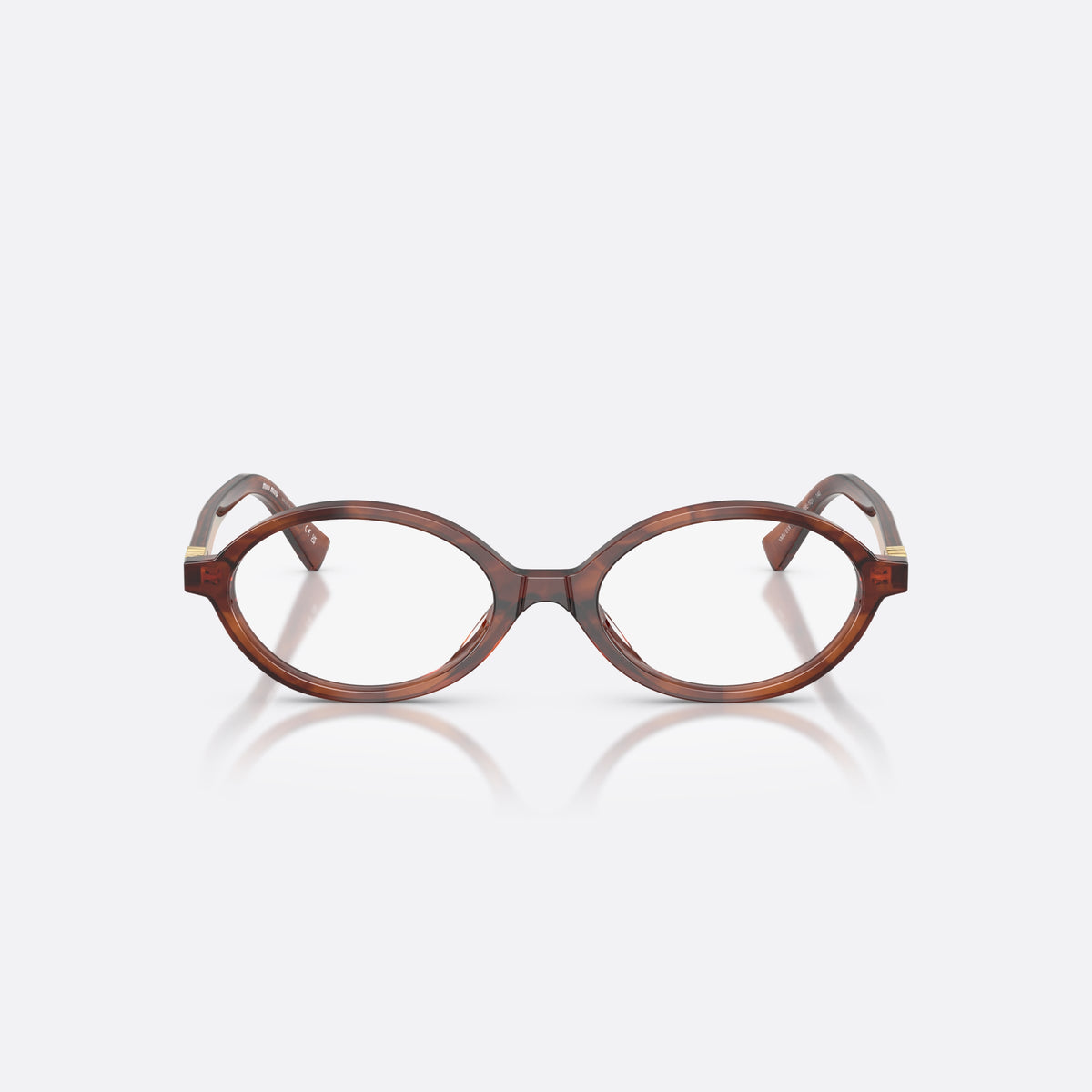 Miu Miu MU 01XV 26E1O1 eyeglasses, brown oval frame for women, plain bridge, brand lettering on temples, full-rim frame, front view
