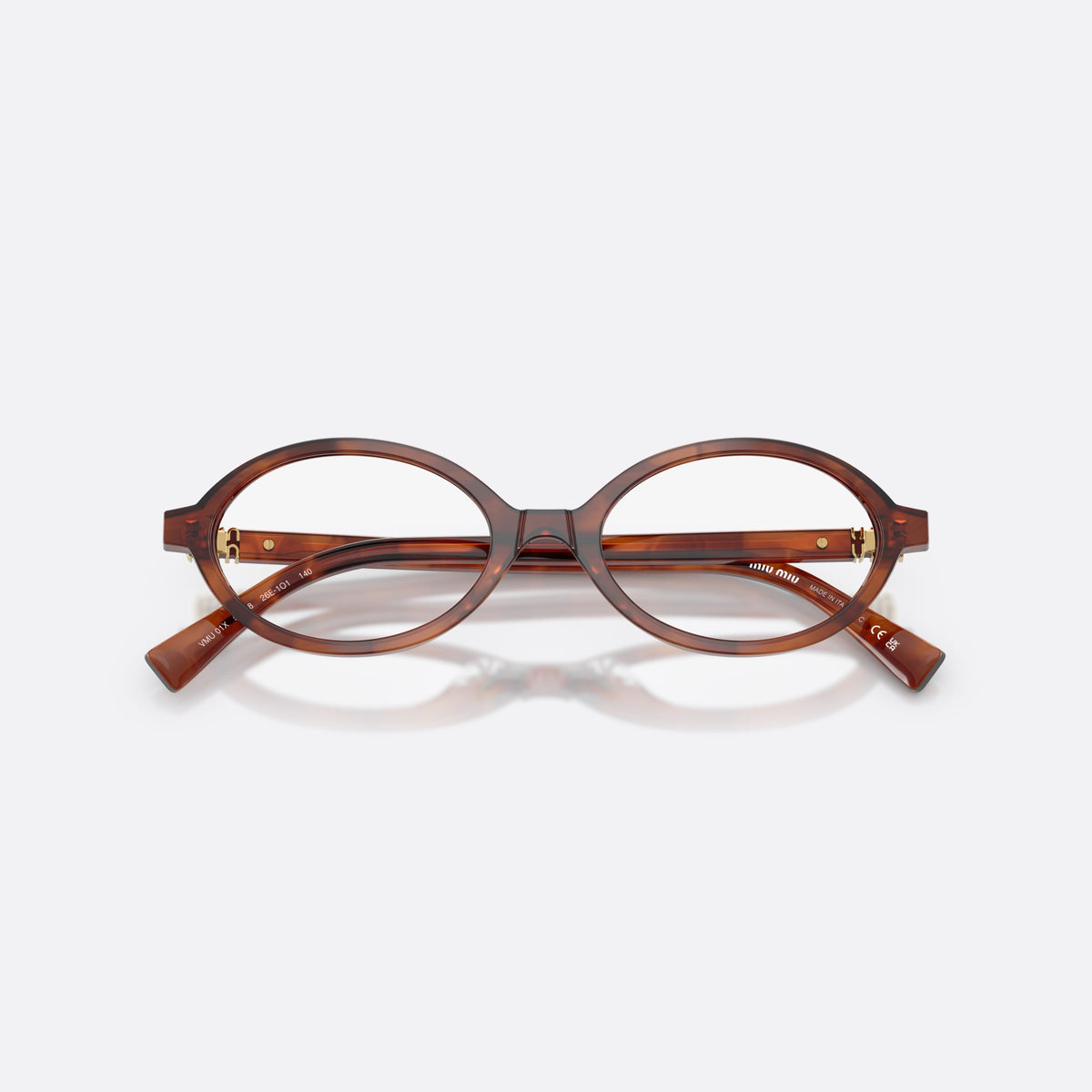 Miu Miu MU 01XV 26E1O1 eyeglasses, brown oval frame for women, plain bridge, brand lettering on temples, full-rim frame, folded