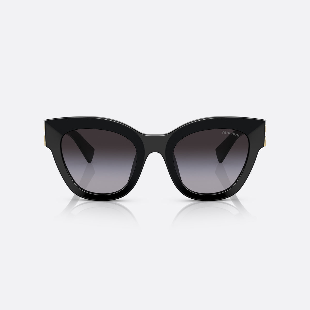 Miu Miu MU 01YS 1AB-5D1 sunglasses, black square frame for women, plain bridge, integrated frame, brand lettering on temples, front view