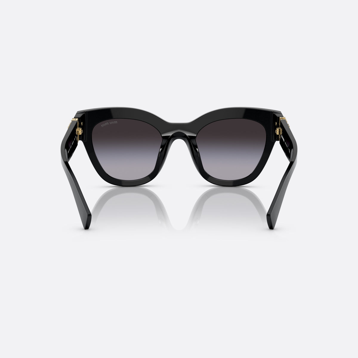 Miu Miu MU 01YS 1AB-5D1 sunglasses, black square frame for women, plain bridge, integrated frame, brand lettering on temples, back view