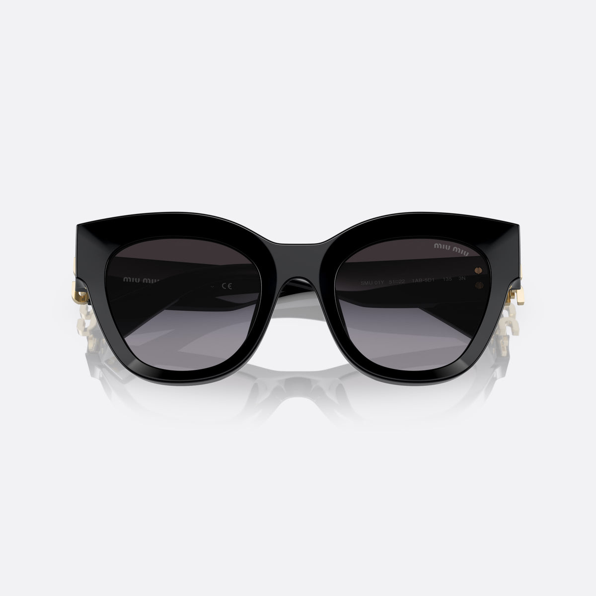 Miu Miu MU 01YS 1AB-5D1 sunglasses, black square frame for women, plain bridge, integrated frame, brand lettering on temples, folded