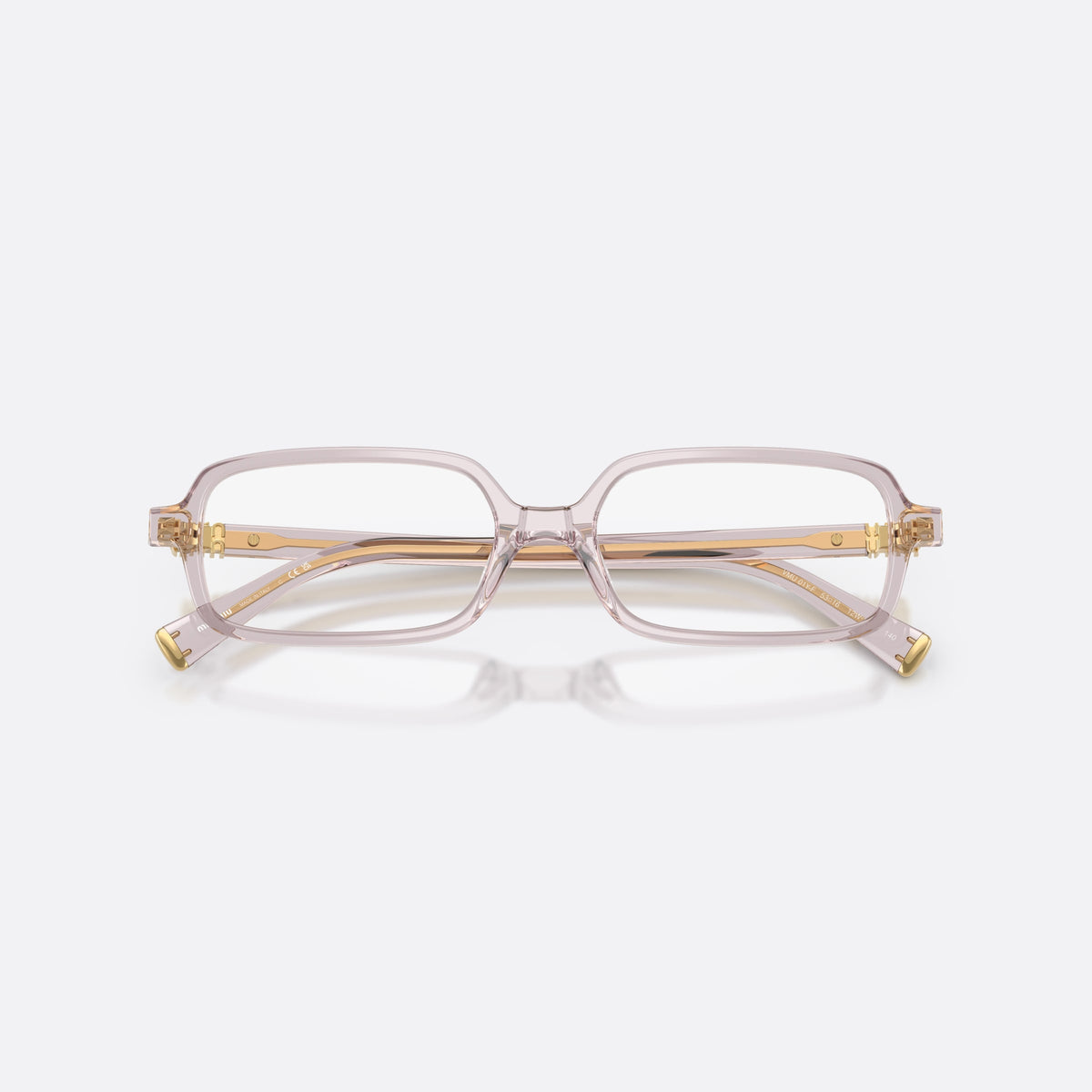 Miu Miu MU 01YV 12W1O1 eyeglasses, violet rectangle frame for women, plain bridge with integrated nose area, slim tapered temples, folded
