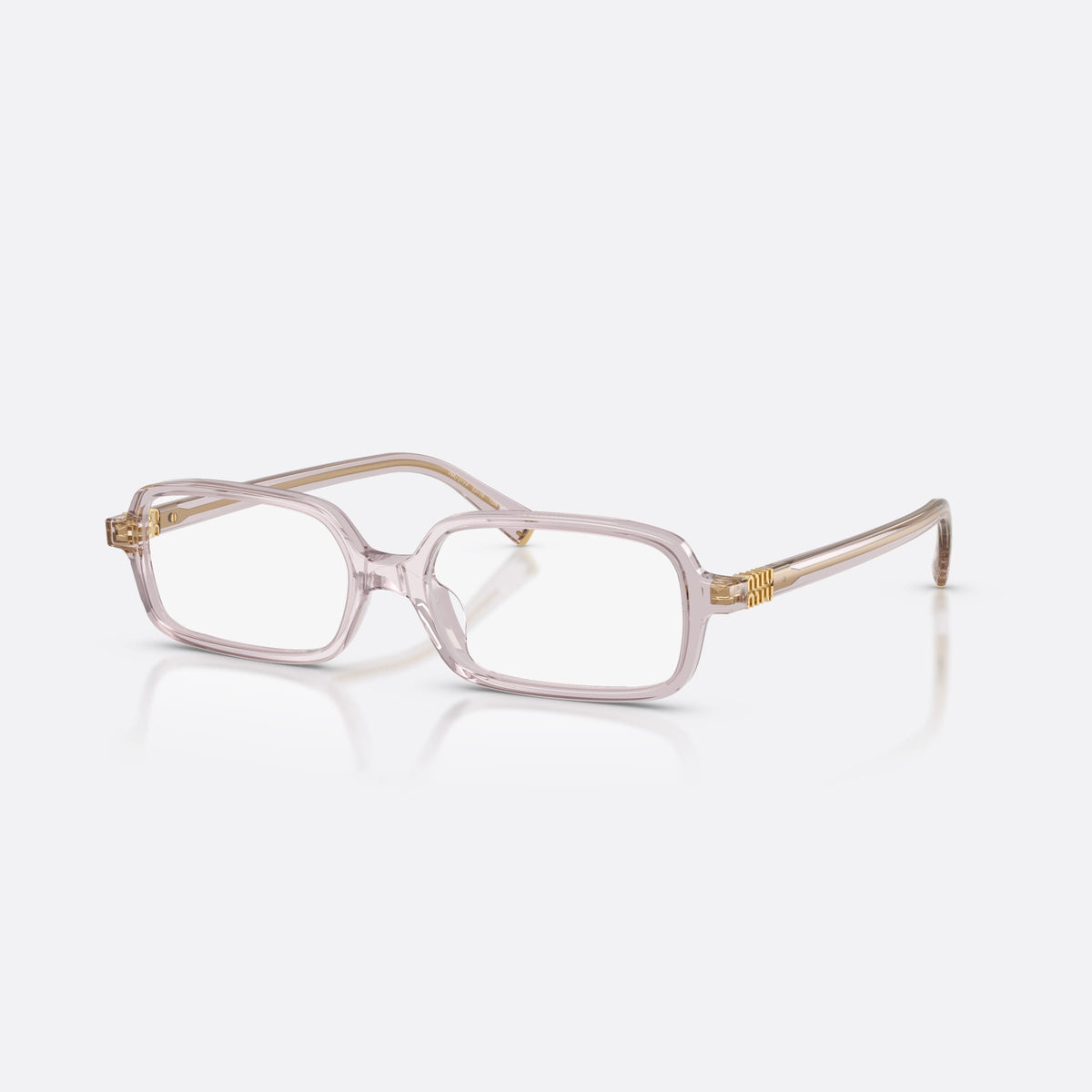 Miu Miu MU 01YV 12W1O1 eyeglasses, violet rectangle frame for women, plain bridge joining rims, brand lettering on temples