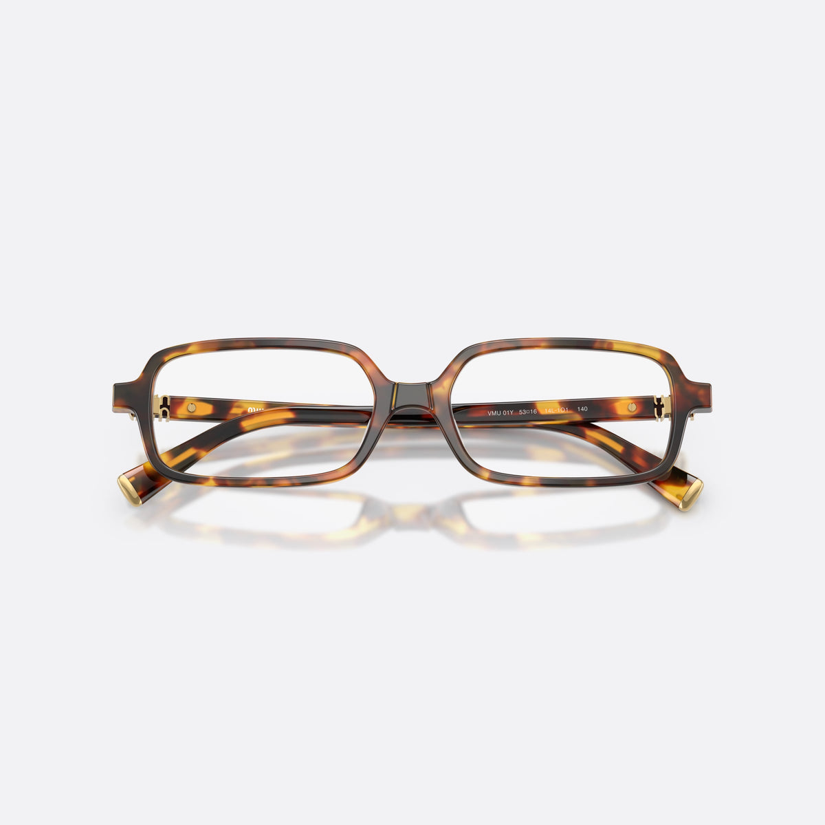 Miu Miu MU 01YV 14L1O1 eyeglasses, havana rectangle frame for women, plain integrated bridge, brand logo plaque on temple, folded