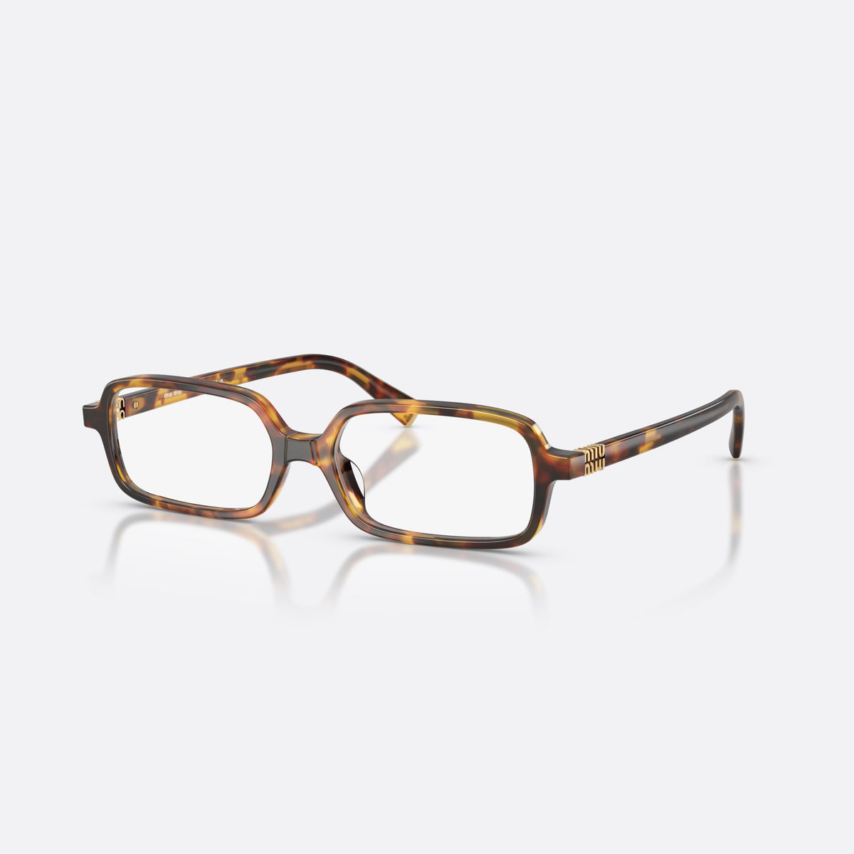 Miu Miu MU 01YV 14L1O1 eyeglasses, havana rectangle frame for women, plain integrated bridge, brand lettering on temples