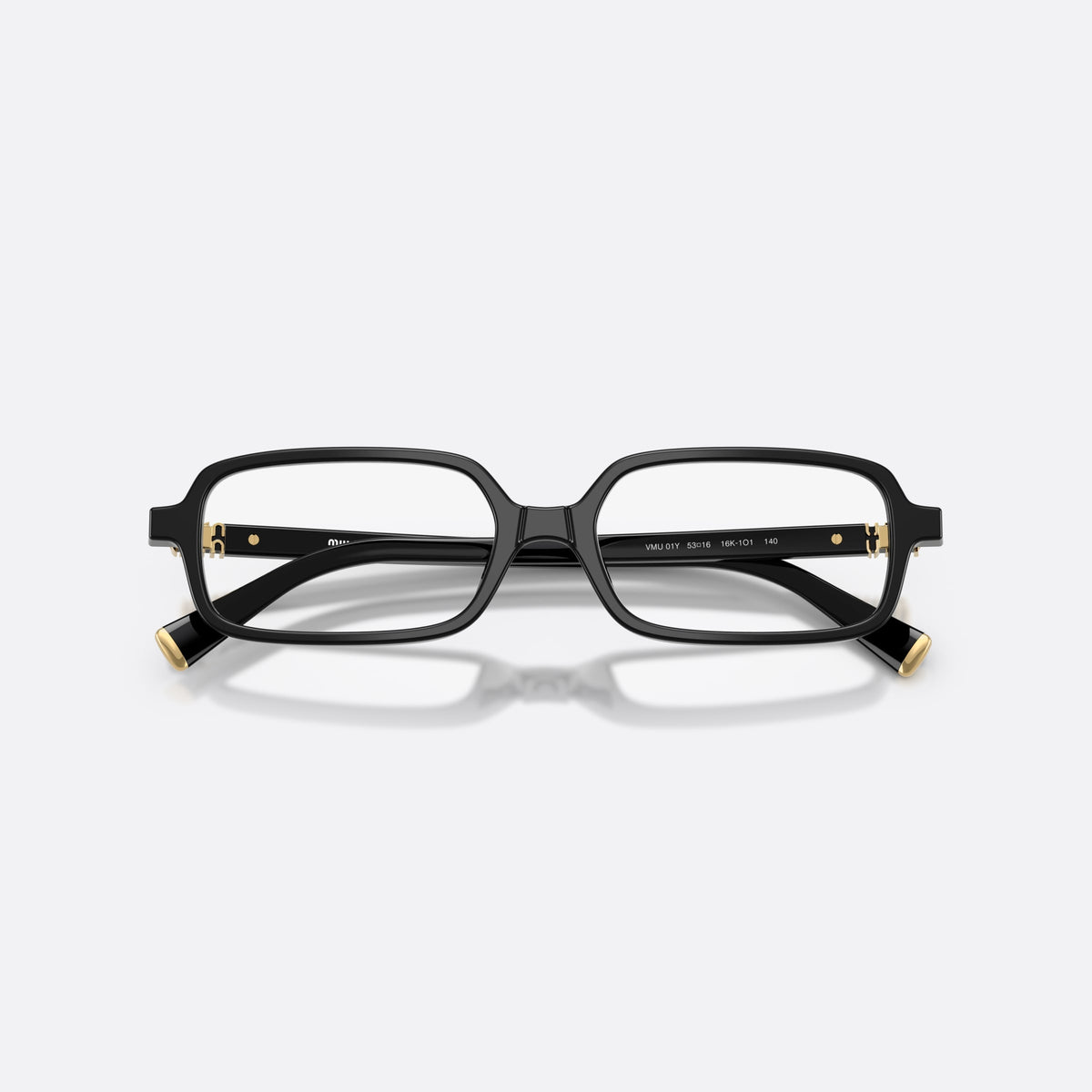 Miu Miu MU 01YV 16K1O1 eyeglasses, black rectangle frame for women, plain bridge with slight dip, slim tapered temples, folded