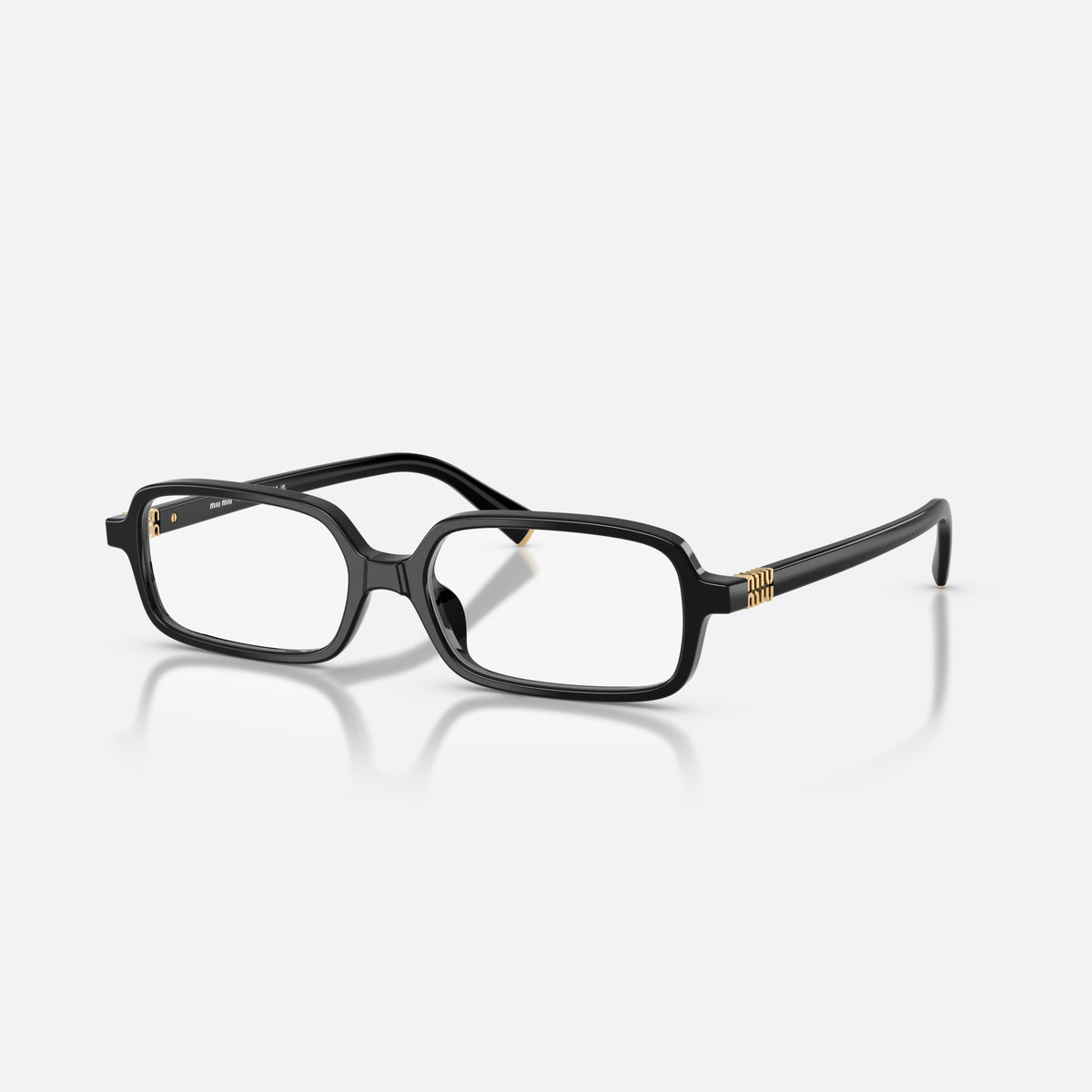 Miu Miu MU 01YV 16K1O1 eyeglasses, black rectangle frame for women, plain bridge, integrated, brand lettering on temples