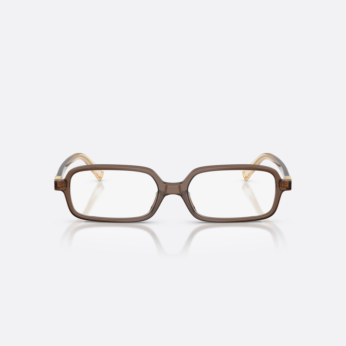 Rame ochelari de vedere Miu Miu MU 01YV 23H1O1, rectangulari maro, pentru femei, punte simplă integrată, literele brandului pe brațe, vedere din față
