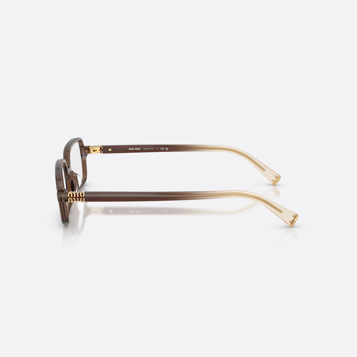 Rame ochelari de vedere Miu Miu MU 01YV 23H1O1, rectangulari maro, pentru femei, punte simplă integrată, literele brandului pe brațe, vedere laterală