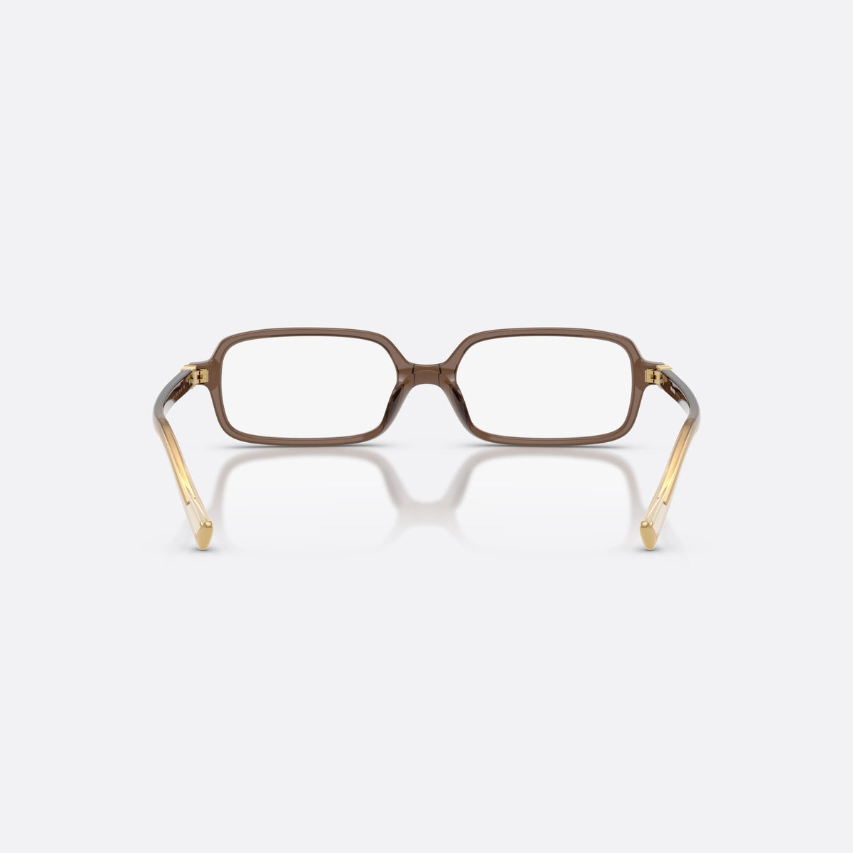 Rame ochelari de vedere Miu Miu MU 01YV 23H1O1, rectangulari maro, pentru femei, punte simplă integrată, literele brandului pe brațe, vedere din spate