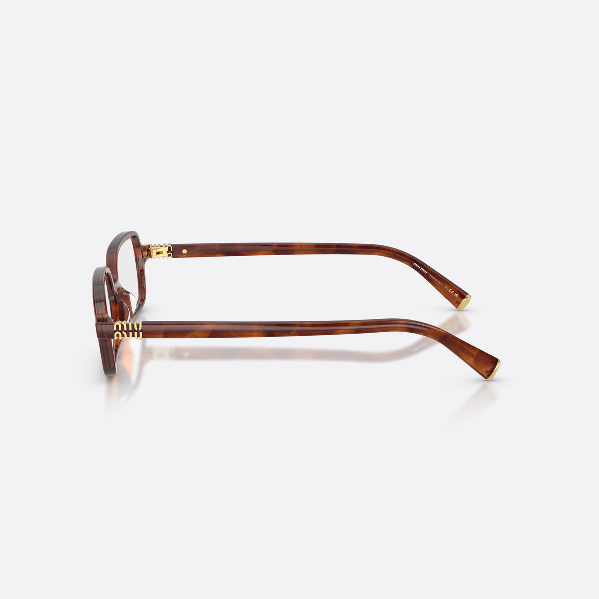 Miu Miu MU 01YV 26E1O1 eyeglasses, brown rectangle frame for women, plain bridge, brand lettering on temples, full-rim frame, side view