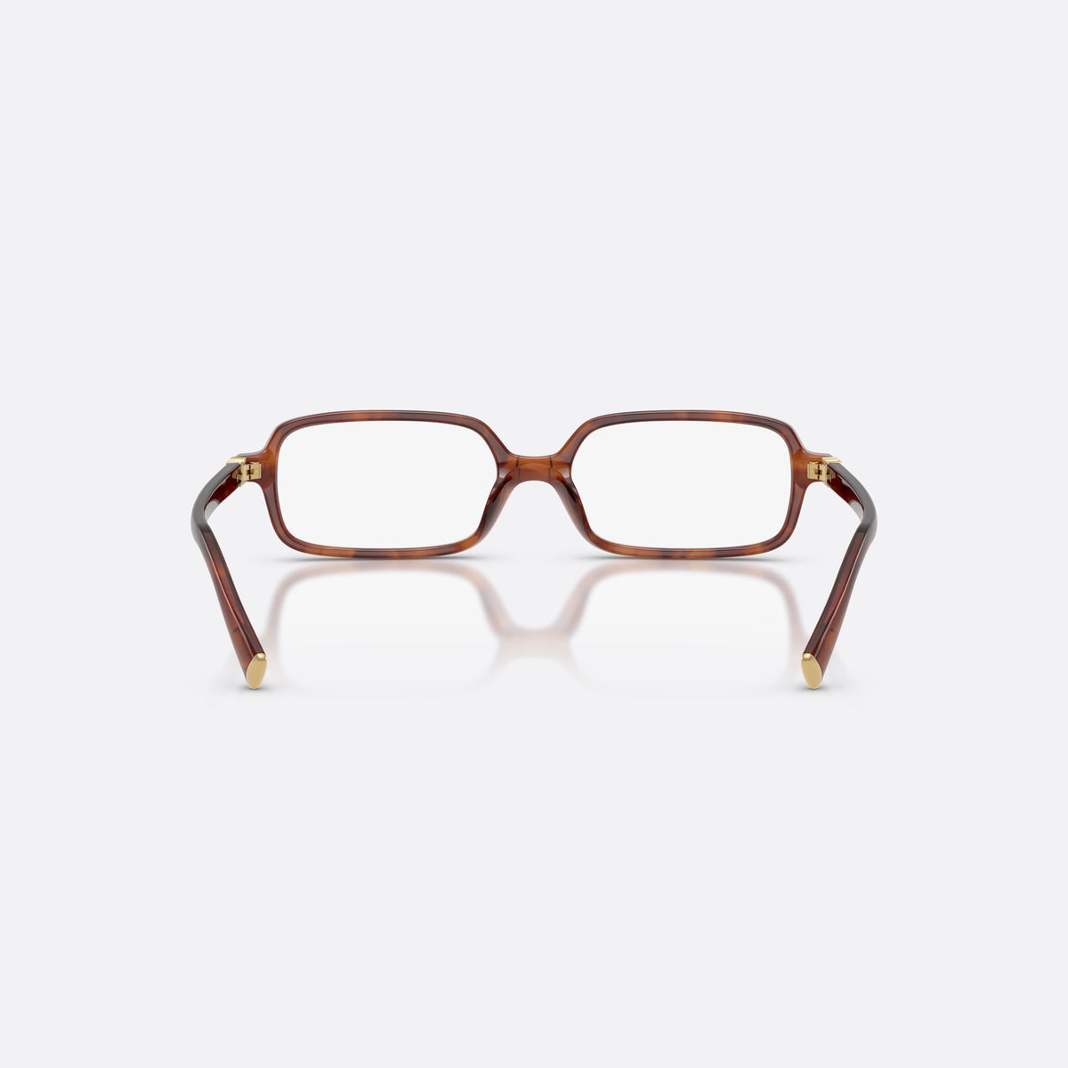 Miu Miu MU 01YV 26E1O1 eyeglasses, brown rectangle frame for women, plain bridge, brand lettering on temples, full-rim frame, back view