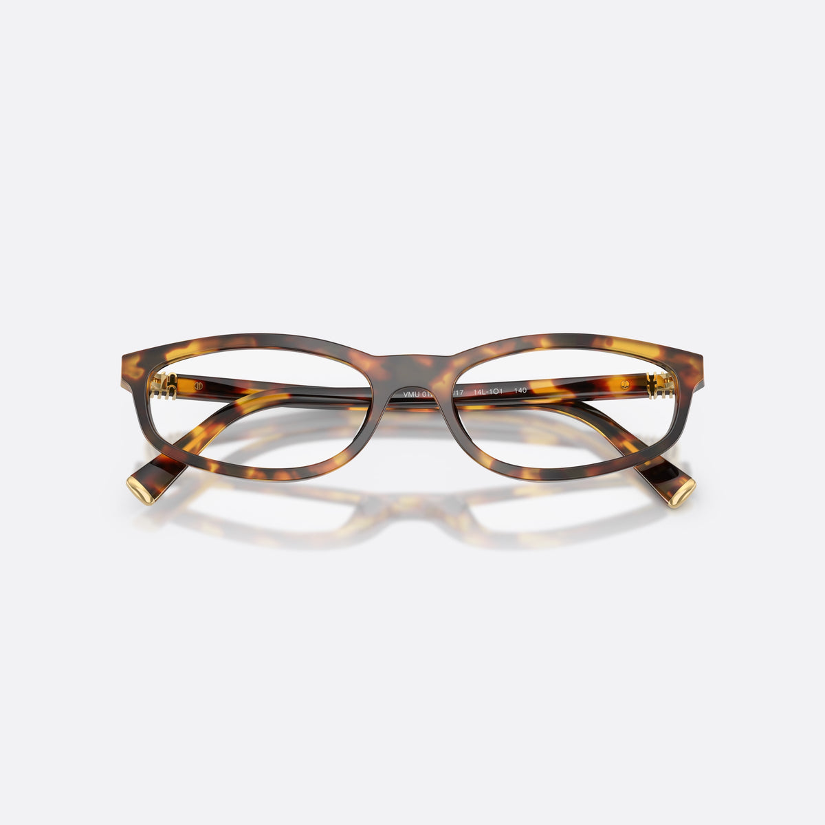 Miu Miu MU 01ZV 14L1O1 eyeglasses, havana oval frame for women, keyhole bridge, brand lettering on temple, full-rim frame, folded