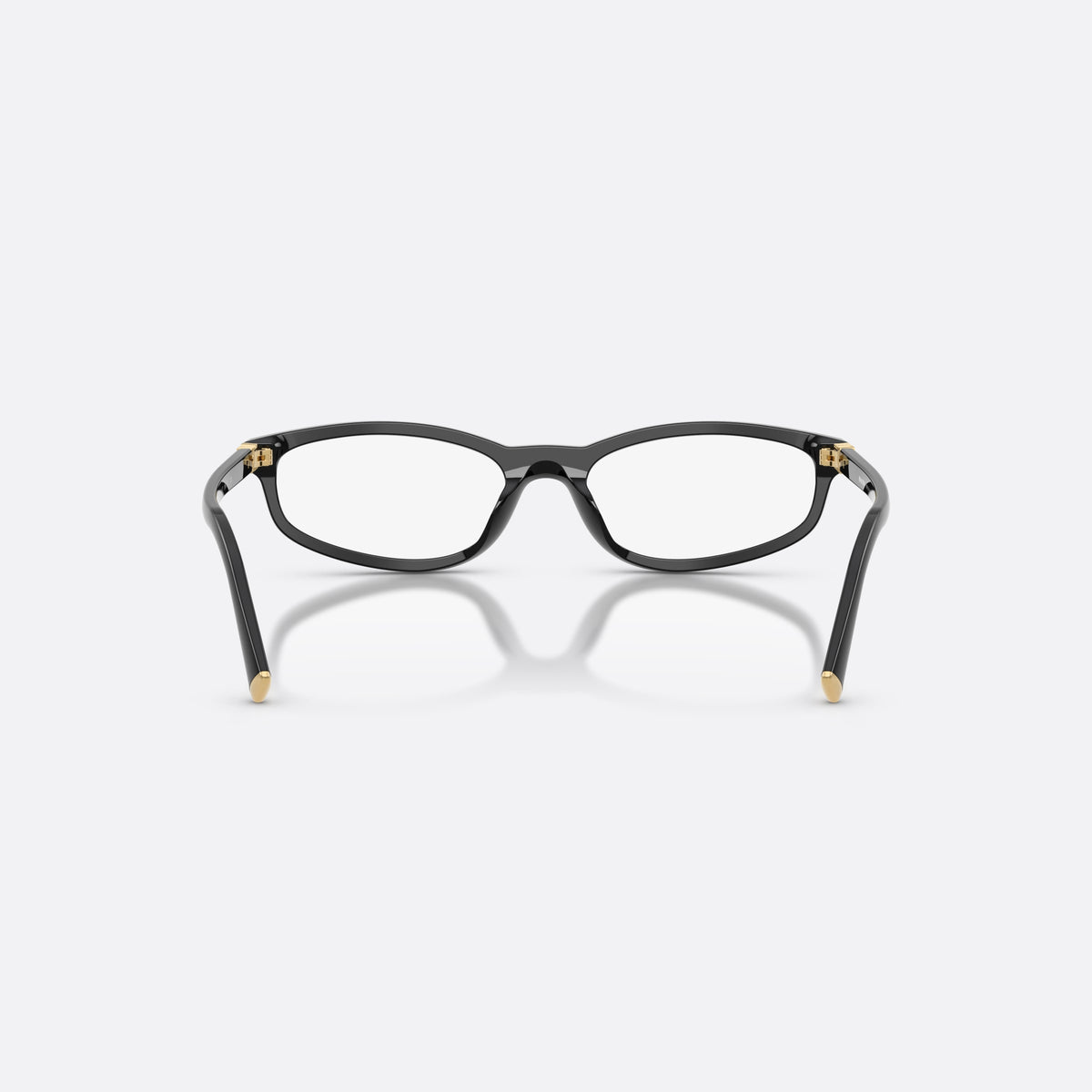 Miu Miu MU 01ZV 16K1O1 eyeglasses, black oval frame for women, plain integrated bridge, brand lettering on temples, back view