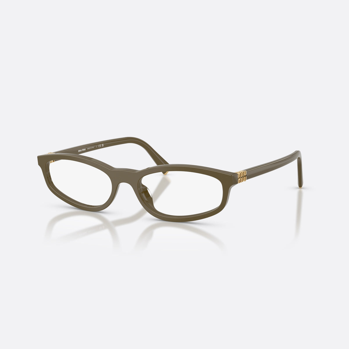 Miu Miu MU 01ZV 25L1O1 eyeglasses, green oval frame for women, plain integrated bridge, brand lettering on temples