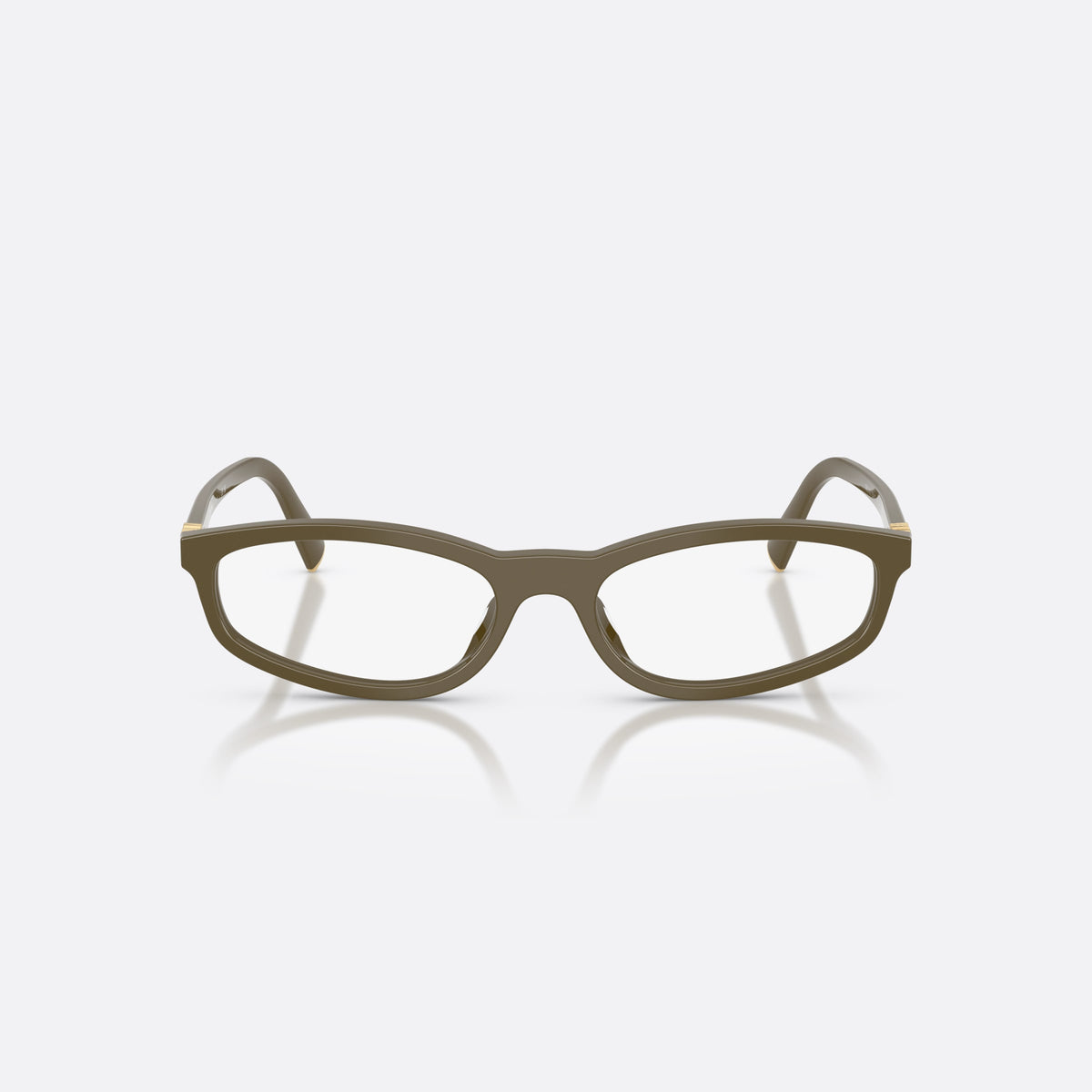 Miu Miu MU 01ZV 25L1O1 eyeglasses, green oval frame for women, plain integrated bridge, brand lettering on temples, front view