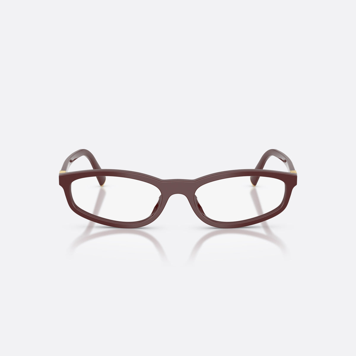 Miu Miu MU 01ZV 26L1O1 eyeglasses, pink oval frame for women, plain integrated bridge, brand lettering on temples, front view
