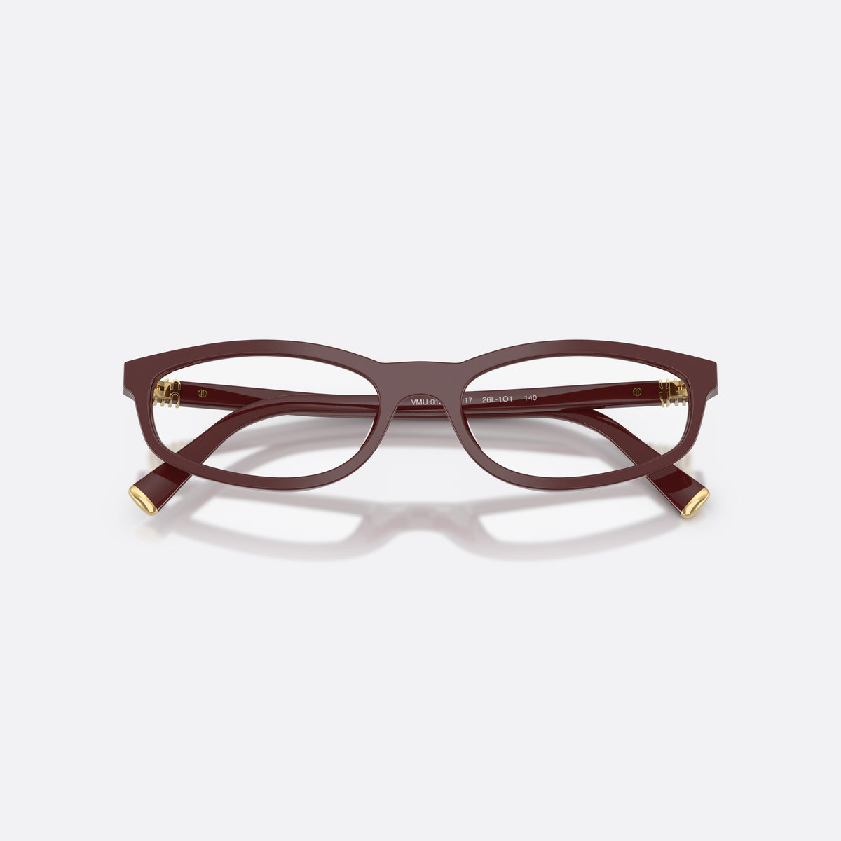 Miu Miu MU 01ZV 26L1O1 eyeglasses, pink oval frame for women, plain integrated bridge, brand lettering on temples, folded