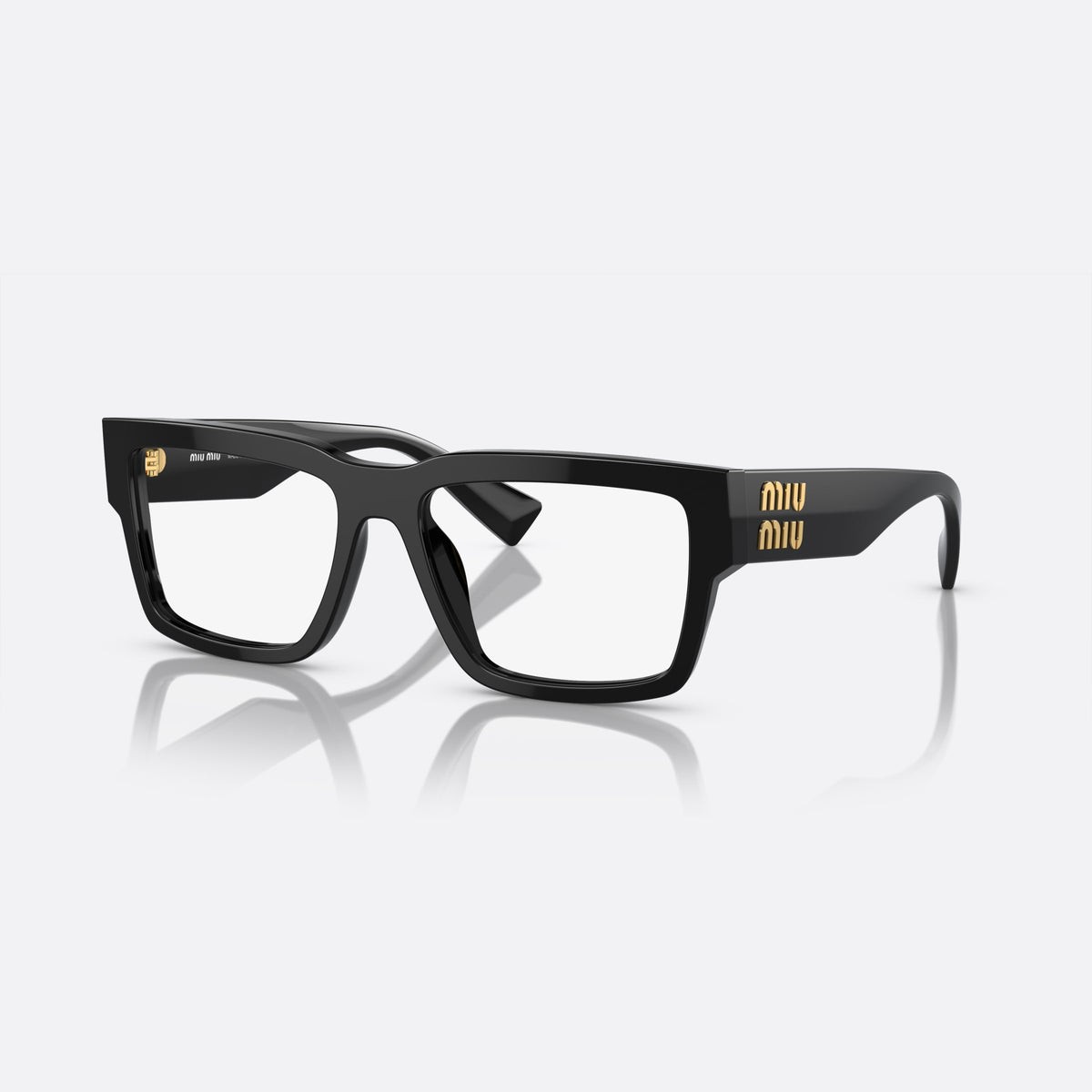 Miu Miu MU 02XV 1AB-1O1 E eyeglasses, black rectangular frame for women, plain bridge, fused to rims, brand lettering on temples