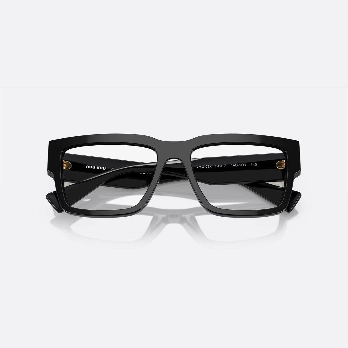 Miu Miu MU 02XV 1AB-1O1 E eyeglasses, black rectangular frame for women, plain bridge, fused to rims, brand lettering on temples