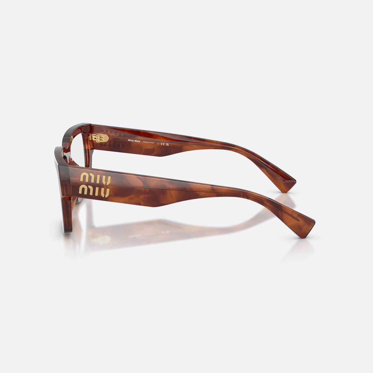 Miu Miu MU 02XV 26E1O1 eyeglasses, brown rectangle frame for women, plain bridge, integrated into front, full-rim front, side view