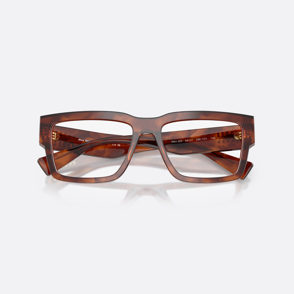 Miu Miu MU 02XV 26E1O1 eyeglasses, brown rectangle frame for women, plain bridge, integrated into front, full-rim front, folded