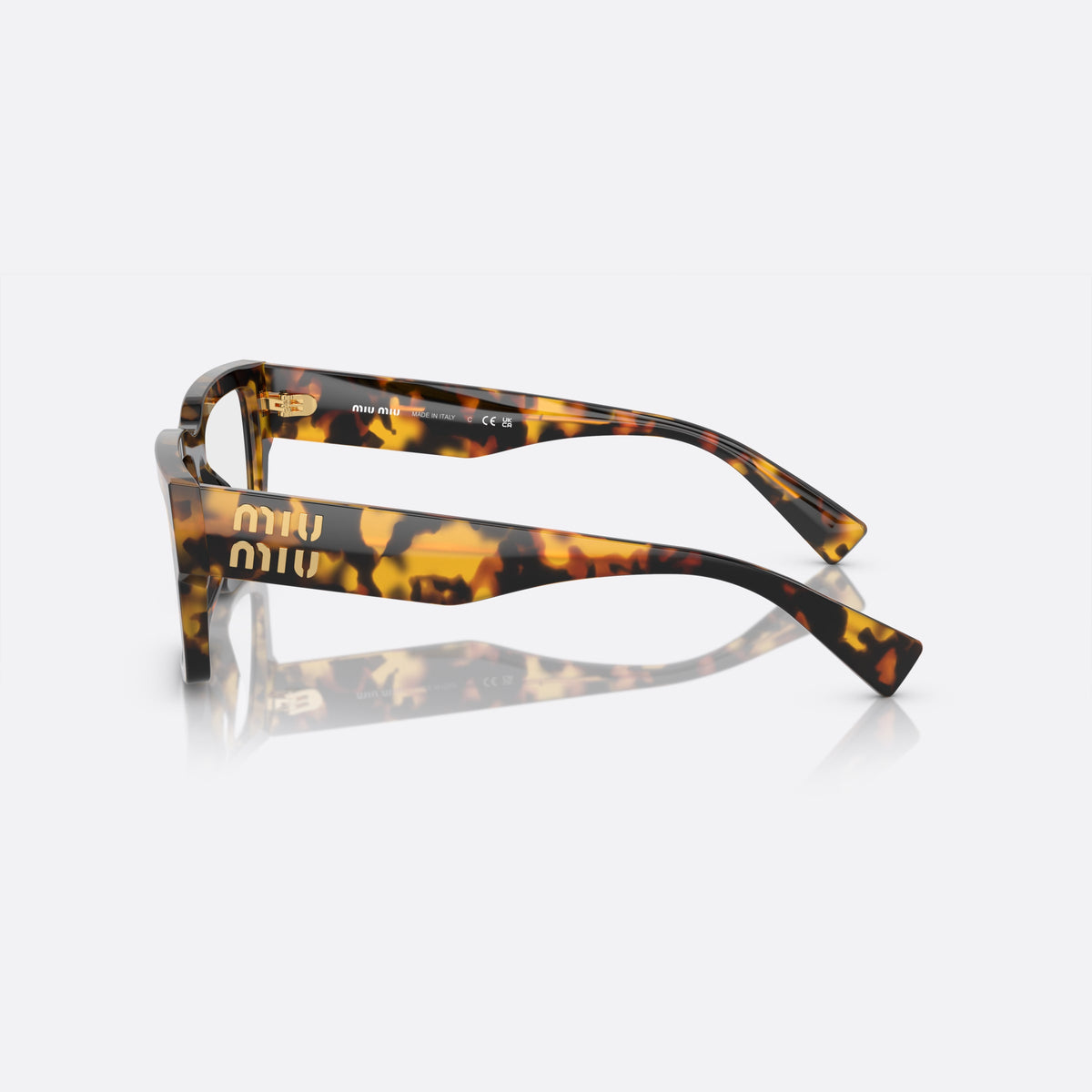 Miu Miu MU 02XV VAU-1O1 A eyeglasses, brown rectangular frame for women, plain bridge, brand logo plaque on temple, clear lenses