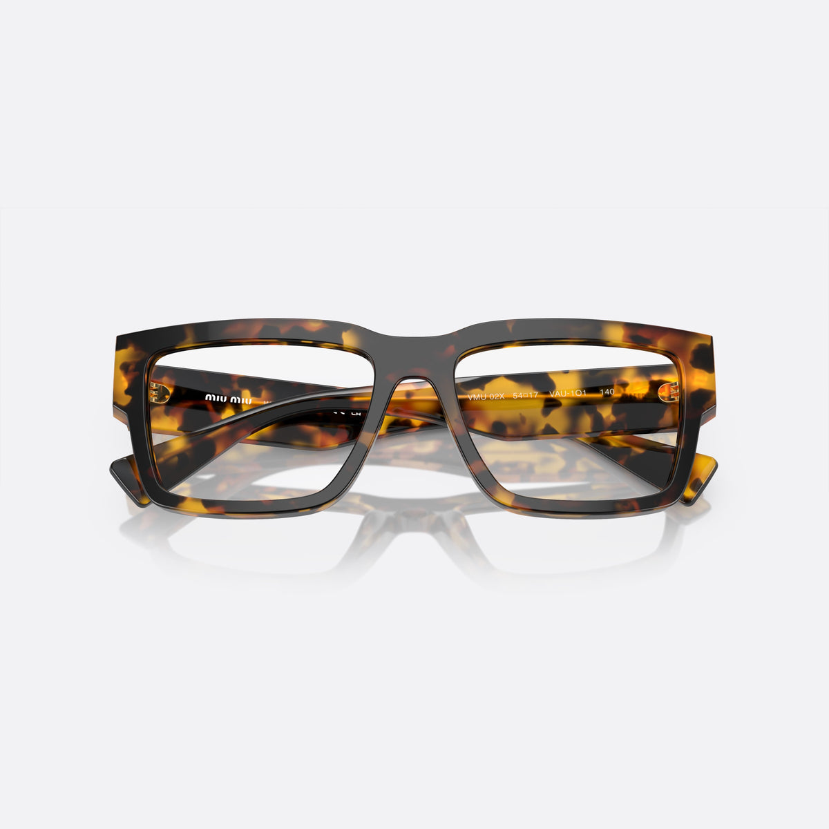 Miu Miu MU 02XV VAU-1O1 A eyeglasses, brown rectangular frame for women, plain bridge, brand logo plaque on temple, clear lenses