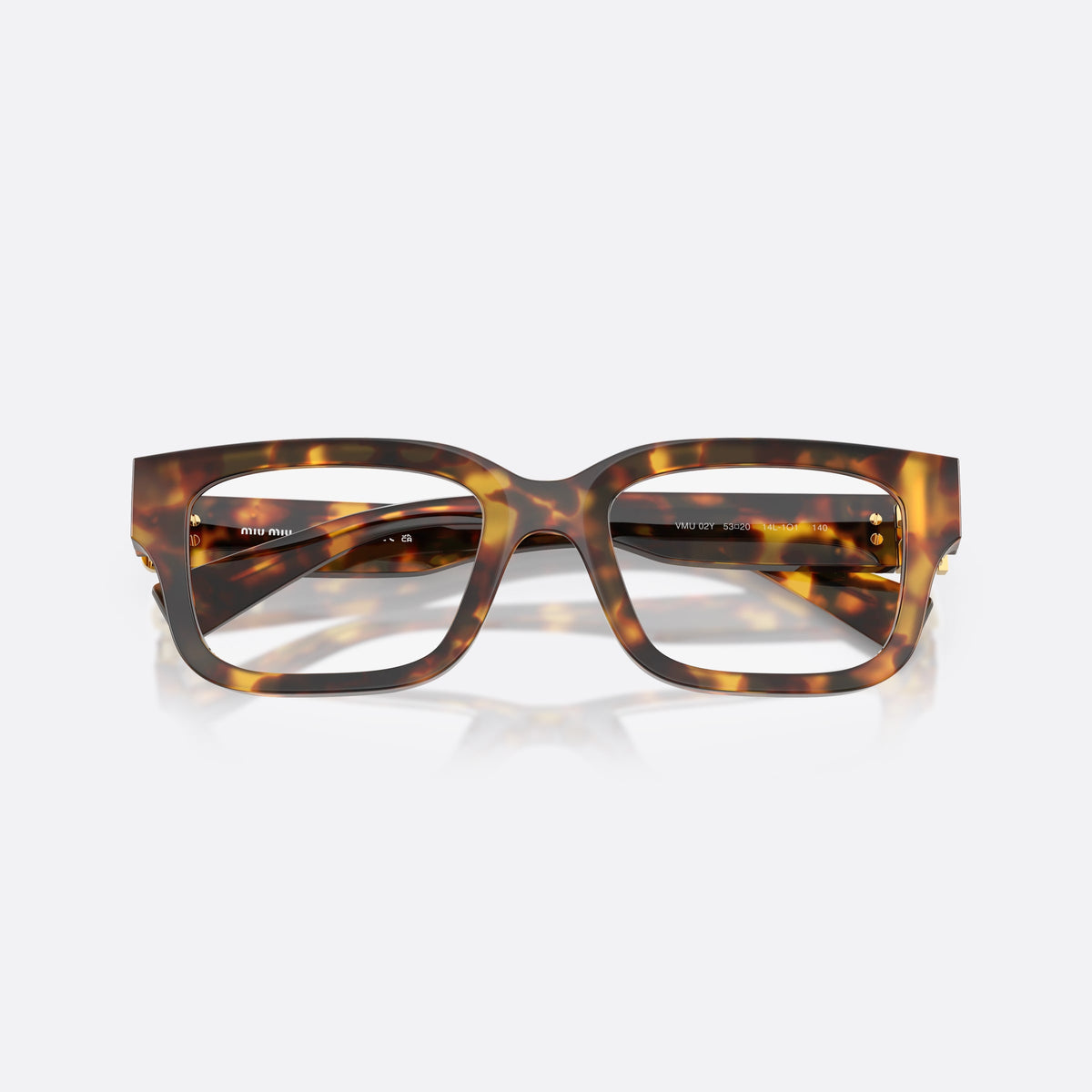 Miu Miu MU 02YV 14L1O1 eyeglasses, havana rectangle frame for women, plain saddle bridge, wide flat temples, folded