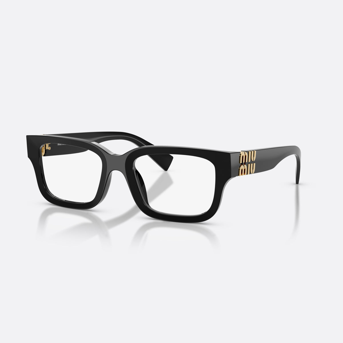 Miu Miu MU 02YV 16K1O1 eyeglasses, black rectangle frame for women, plain saddle bridge, brand logo plaque on temple