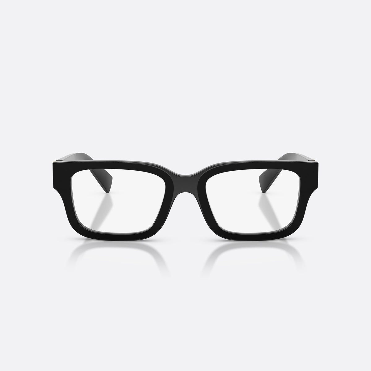 Miu Miu MU 02YV 16K1O1 eyeglasses, black rectangle frame for women, plain saddle bridge, brand logo plaque on temple, front view