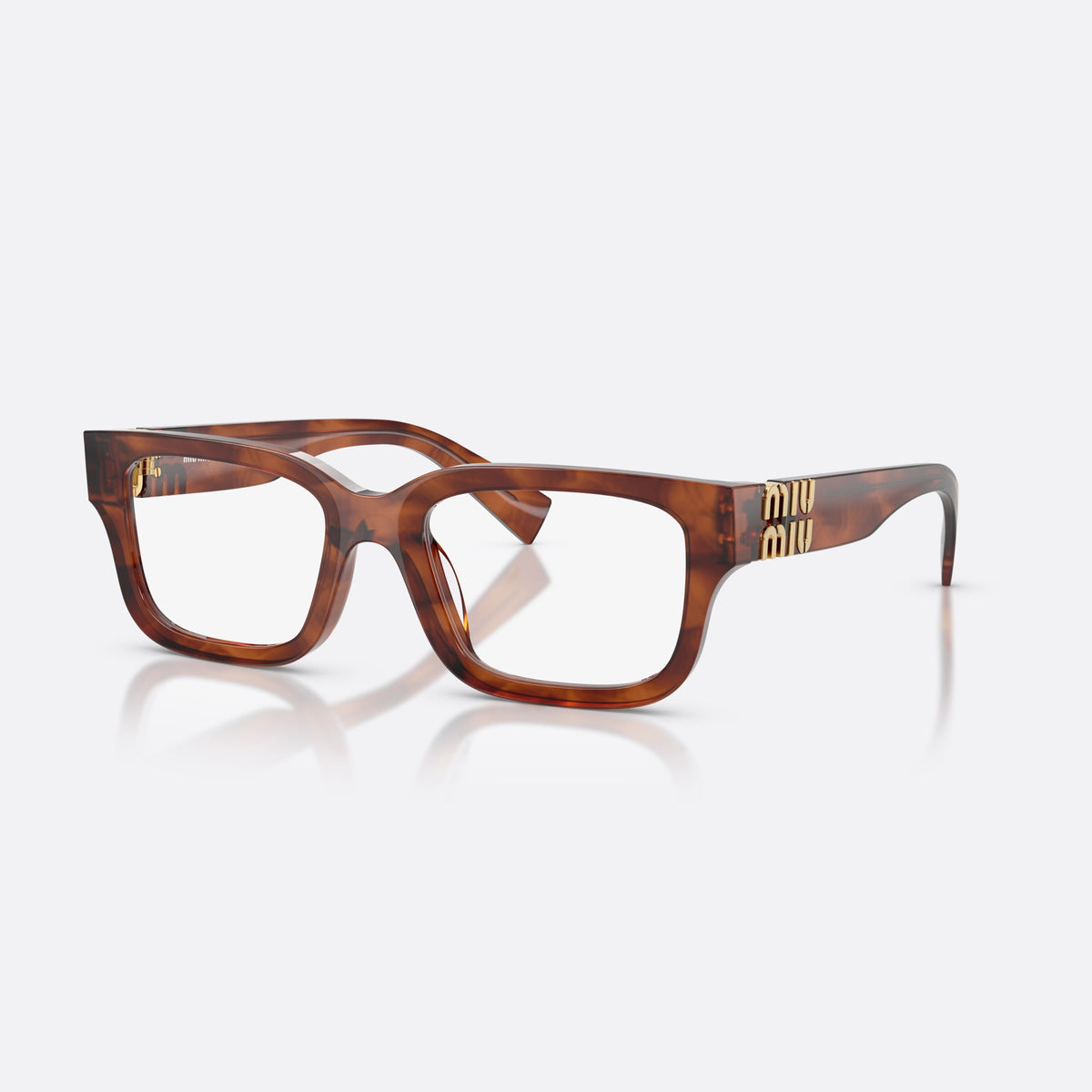 Miu Miu MU 02YV 26E1O1 eyeglasses, brown rectangle frame for women, plain saddle bridge, brand lettering on temples