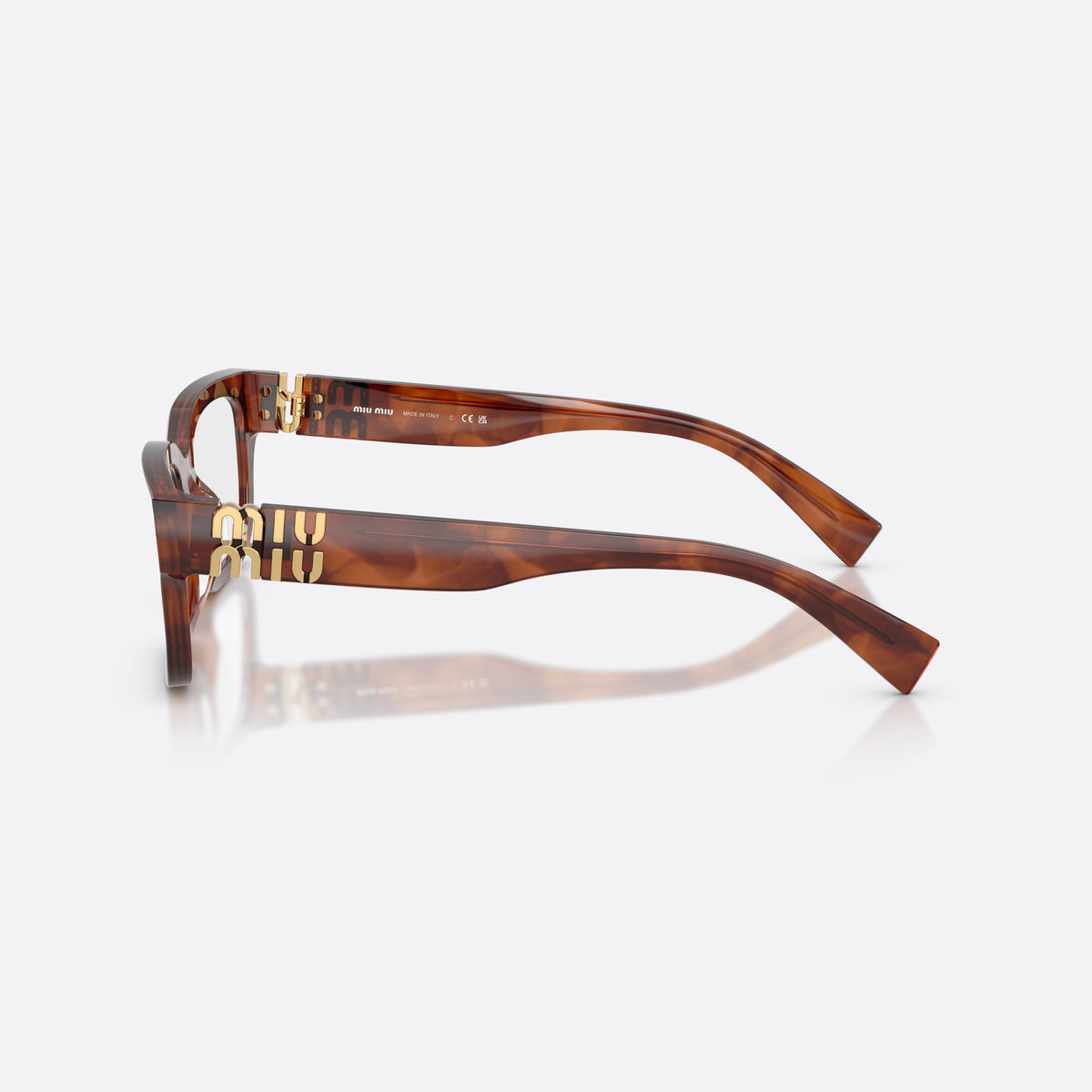 Miu Miu MU 02YV 26E1O1 eyeglasses, brown rectangle frame for women, plain saddle bridge, brand lettering on temples, side view