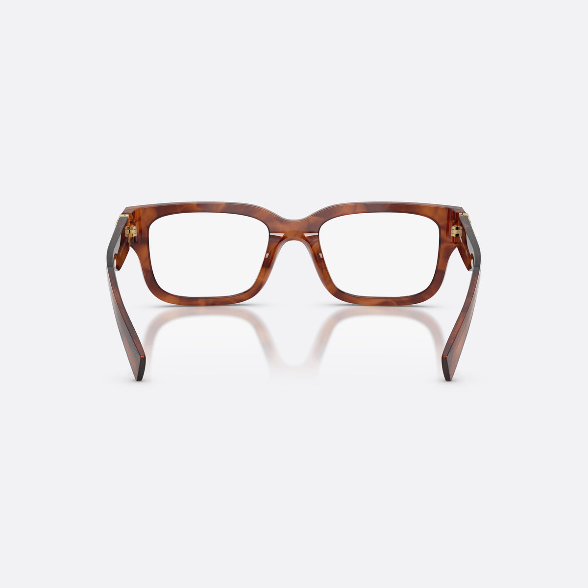 Miu Miu MU 02YV 26E1O1 eyeglasses, brown rectangle frame for women, plain saddle bridge, brand lettering on temples, back view
