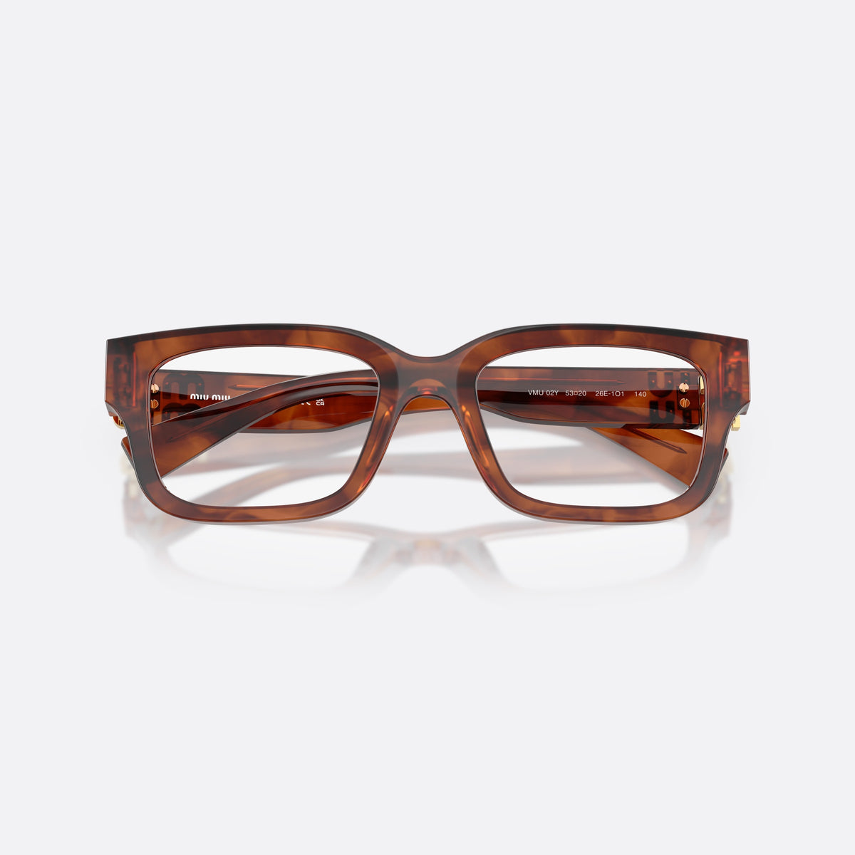 Miu Miu MU 02YV 26E1O1 eyeglasses, brown rectangle frame for women, plain saddle bridge, brand lettering on temples, folded