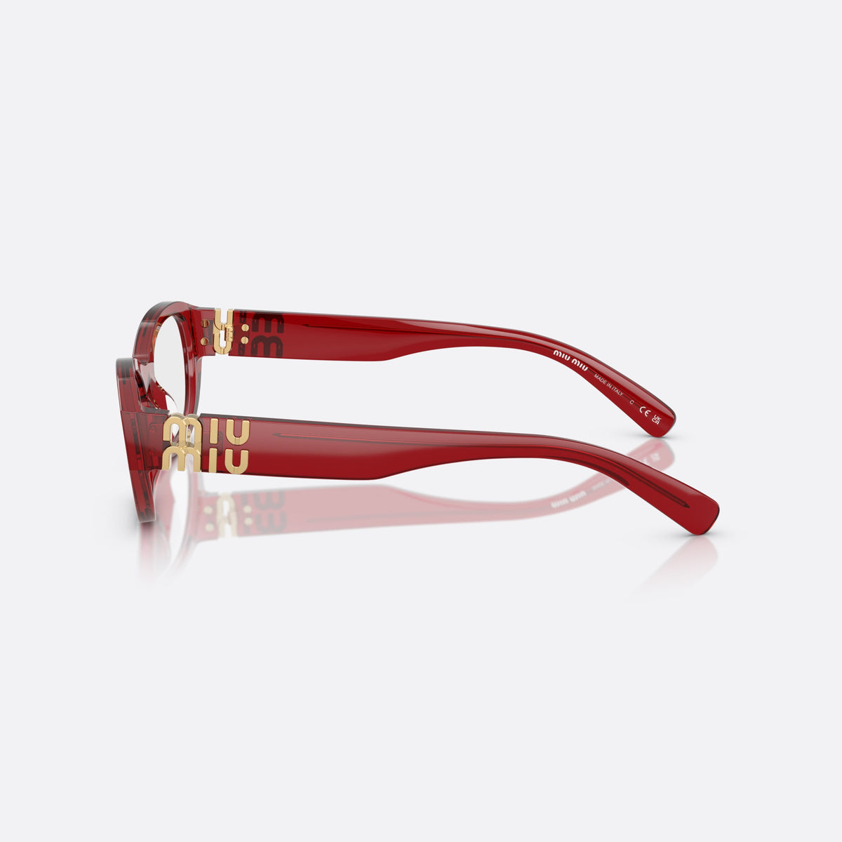 Miu Miu MU 03WV 25M1O1 eyeglasses, violet irregular frame for women, plain bridge, brand lettering on temples, gold-tone hinges, side view