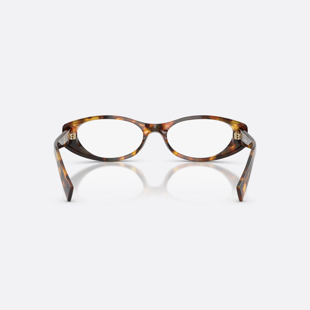 Miu Miu MU 03ZV 14L1O1 eyeglasses, havana oval frame for women, plain bridge, brand lettering on temple, back view