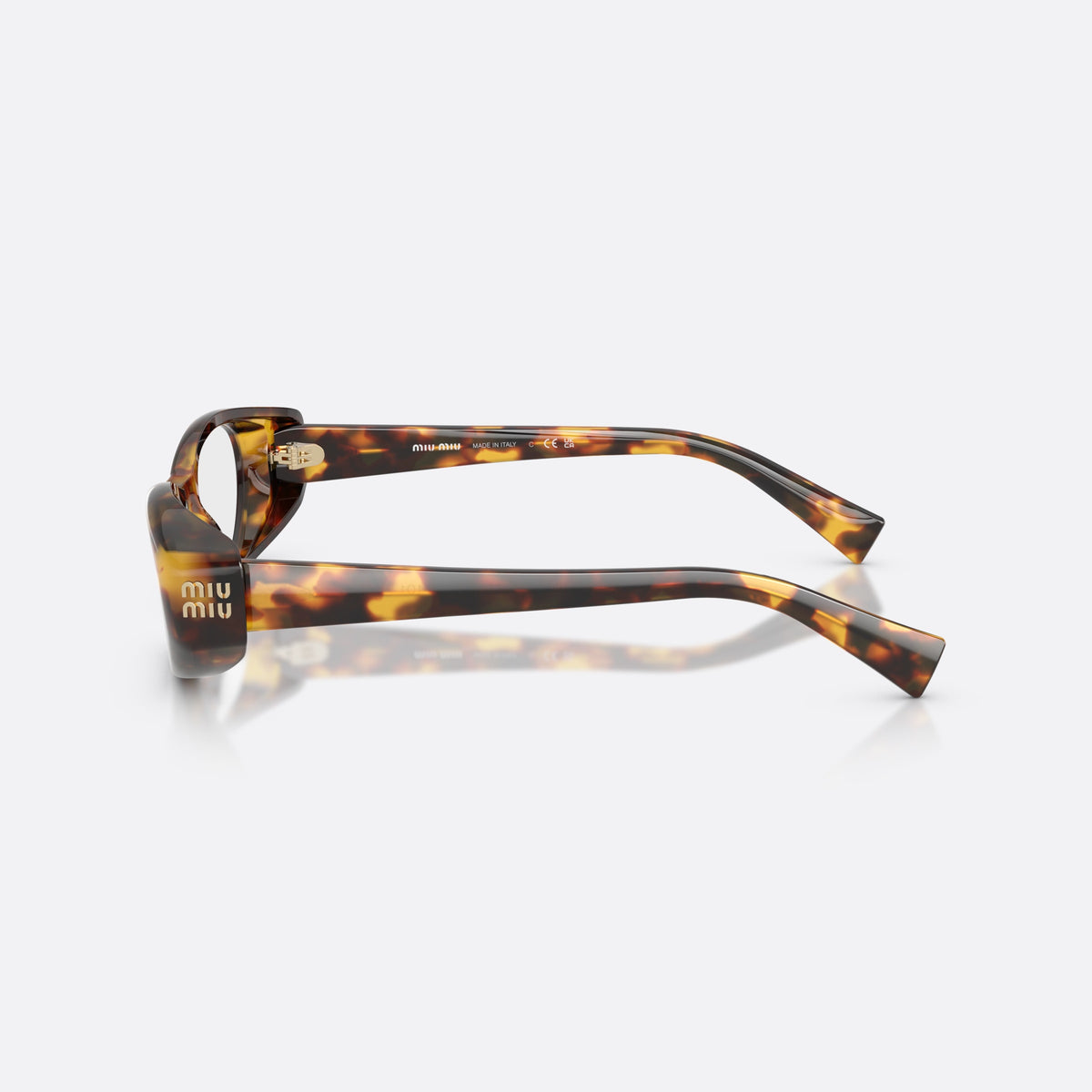 Miu Miu MU 03ZV 14L1O1 eyeglasses, havana oval frame for women, plain integrated bridge, brand lettering on temples, side view
