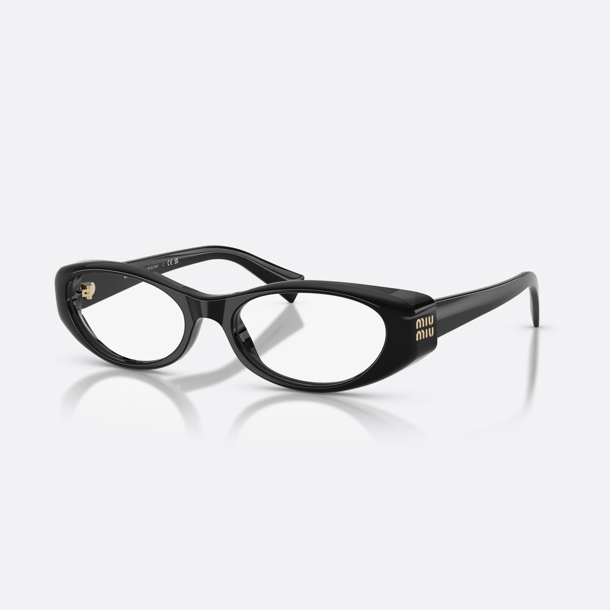 Miu Miu MU 03ZV 16K1O1 eyeglasses, black oval frame for women, plain bridge, brand lettering on temple, plaque on temple