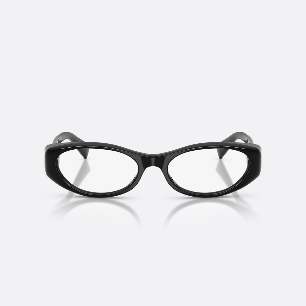 Miu Miu MU 03ZV 16K1O1 eyeglasses, black oval frame for women, plain bridge, brand lettering on temple, plaque on temple, front view