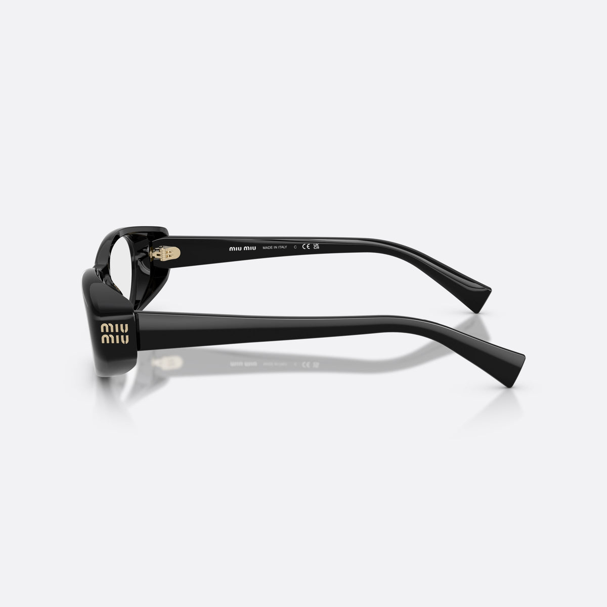 Miu Miu MU 03ZV 16K1O1 eyeglasses, black oval frame for women, plain bridge, brand lettering on temple, plaque on temple, side view