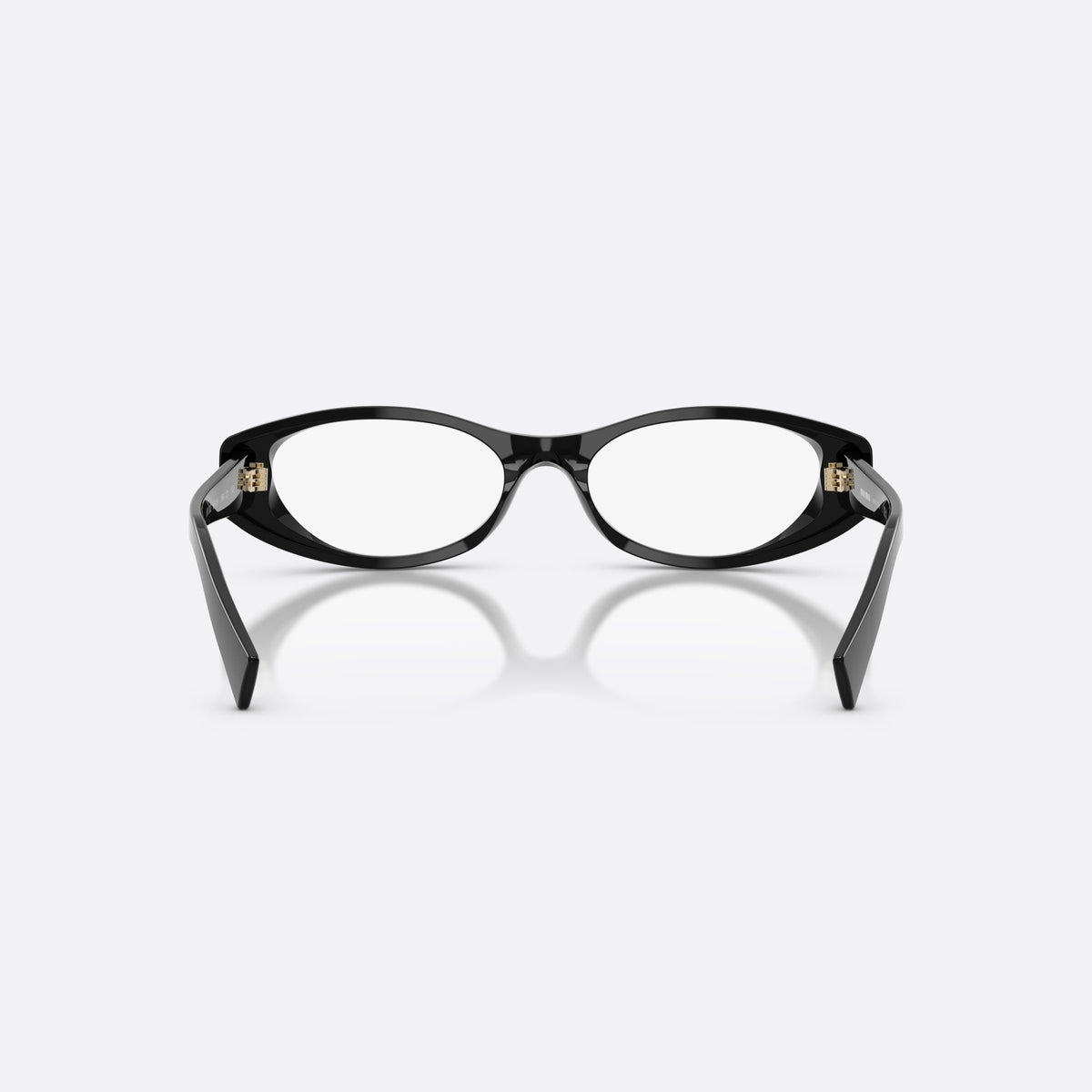 Miu Miu MU 03ZV 16K1O1 eyeglasses, black oval frame for women, plain bridge, brand lettering on temple, plaque on temple, back view