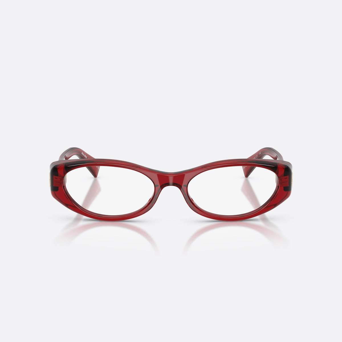Miu Miu MU 03ZV 25M1O1 eyeglasses, red oval frame for women, plain bridge, brand lettering on temples, front view
