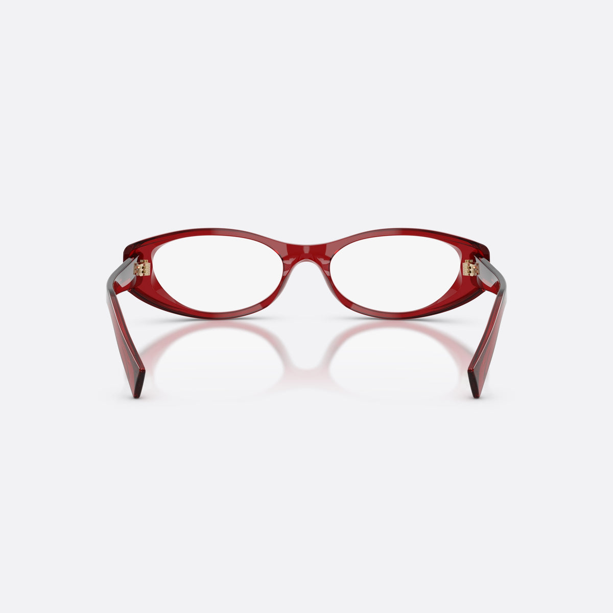 Miu Miu MU 03ZV 25M1O1 eyeglasses, red oval frame for women, plain bridge, brand lettering on temples, full-rim frame, back view