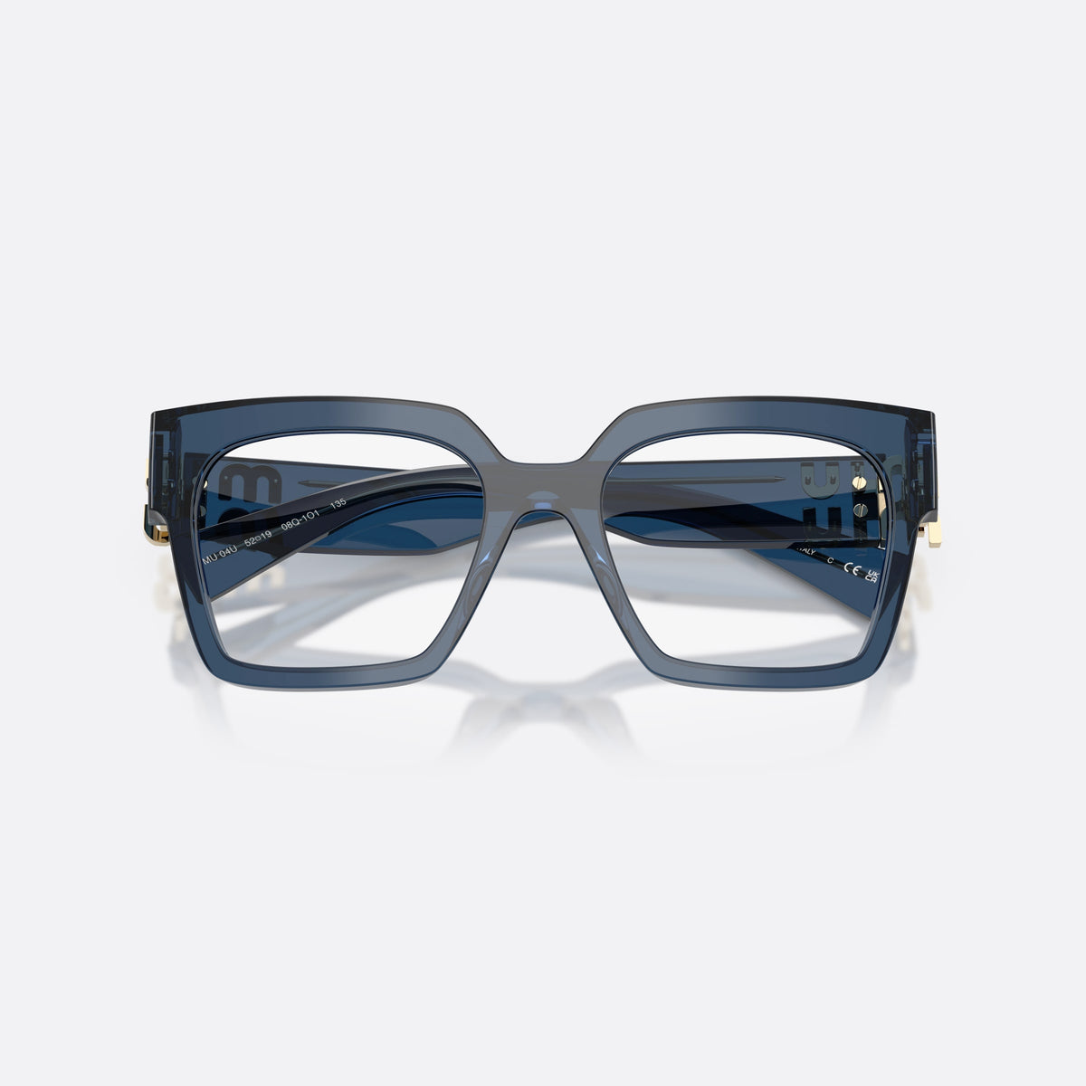 Miu Miu MU 04UV 08Q1O1 eyeglasses, blue square frame for women, plain bridge with browline cutout, wide tapered temples, folded